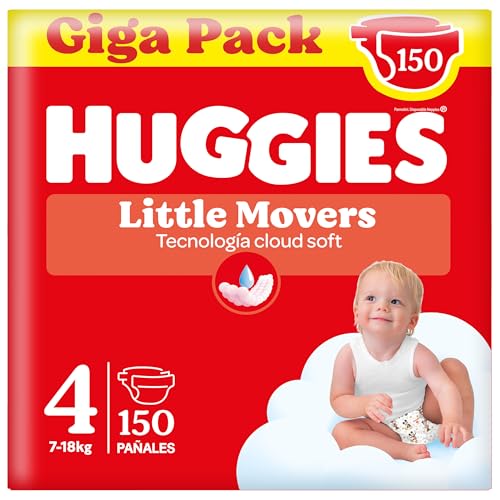 HUGGIES Little Movers Fraldas para bebé com desenhos Disney tamanho 4 (7-18 kg), conforto para a pele 24/7, 3 pacotes de 50, total de 150 fraldas