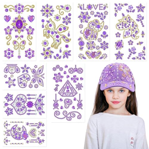 Autocolantes brilhantes para bonés de beisebol DIY para meninas, 8 peças de autocolantes de diamantes para decorar bonés, presentes de aniversário e Natal para meninas de 4 a 12 anos