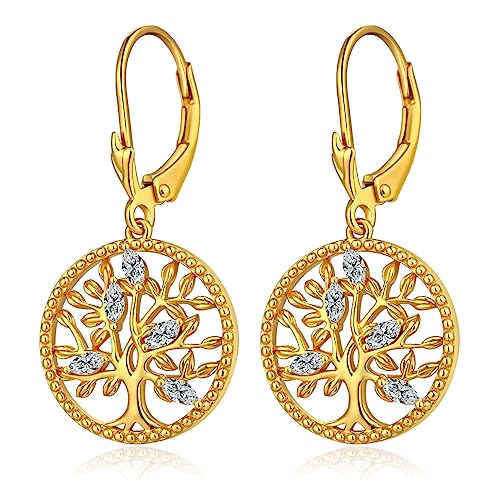 jiamiaoi Brincos suspensos em ouro branco de 18 K, design de árvore da vida, brincos pendentes de prata sem níquel, com árvore da vida, jóias para mulher