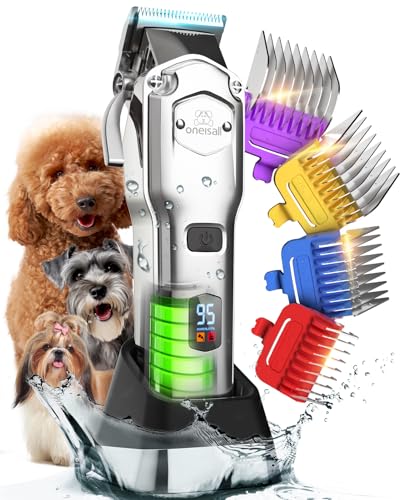 oneisall Quiet Corta-pelos para cães com pente guia metálico, profissional corta-pelos cães e gatos sem cabo, alto desempenho máquina de descascar cães pelo grosso, encaracolado, fino, longo e