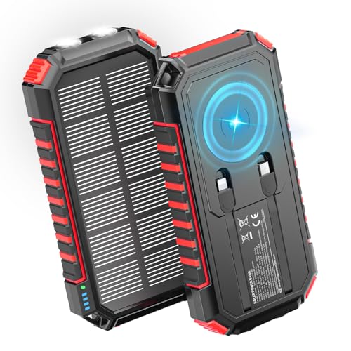 Carregador solar Power Bank 27000 mAh, Riapow, 22,5 W, carregamento rápido bateria externa sem fios com 2 cabos integrados e internas, USB C PD QC 3.0 saída carregador portátil para tablet telefone