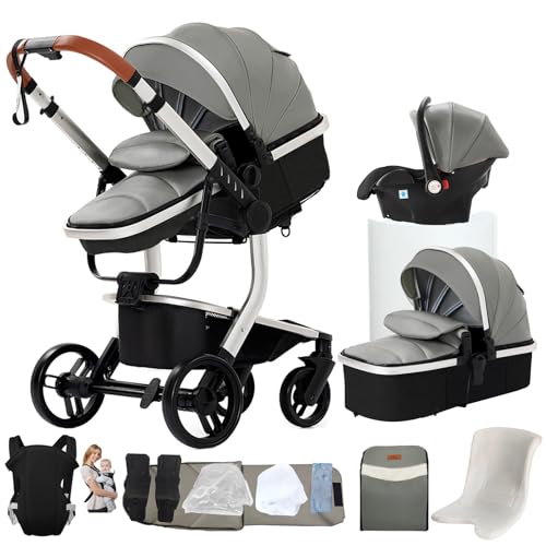 NADDLILY Carrinho de couro PU para bebé 3 em 1, carrinho de bebé com design portátil dobrável de um clique, carrinho de bebé 3 peças com empurrão reversível bidirecional, carrinho de bebé de 3 peças