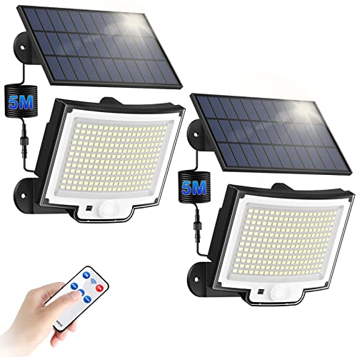 Luz LED solar com sensor de movimento【228 LED/3 modo】e com controlo remoto, luzes de segurança potentes com um cabo de extensão de 5 m para o jardim e exterior