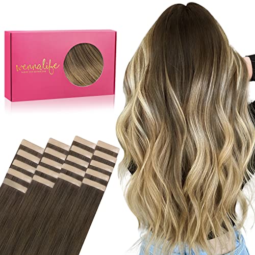 WENNALIFE Extensões adesivas cabelo natural, 40 cm, 50 g, 20 peças, ombre castanho nogueira a castanho, cinza e loiro branco, cabelo humano Remy