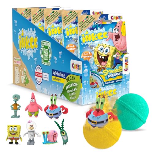 INKEE Bob Esponja Pack de 5 bombas de banho para crianças com surpresa - figuras de esponja Bob para colecionar - 5 bolas de banho de 80 g sabor a pastilha elástica e óleo de jojoba, turquesa ou