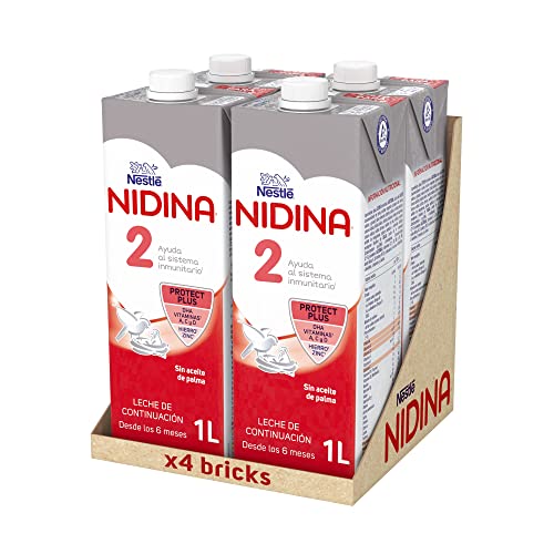 Nestlé Nidina 2- Leite de continuação líquida para bebés a partir dos 6 meses, brik de 1 litro x 4 unidades
