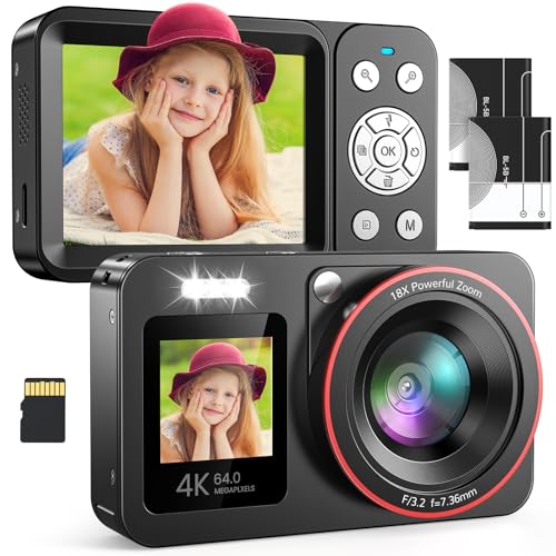 Câmara de fotos câmara digital 4K 64MP FHD, câmara digital com cartão de 64 GB, câmara compacta Zoom 18X e 2 baterias, recarregável compacta portátil câmara para crianças principiantes, preto
