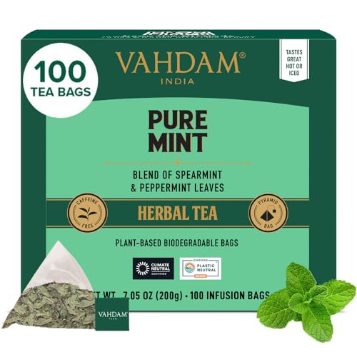 VAHDAM, Infusão de hortelã piperita (100 sacos de chá pirâmidais) sem cafeína, ingredientes 100% naturais, menta piperita, hortelã, sacolas de chá de menta | Tisana Herbal