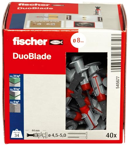 fischer - DuoBlade sem parafusos | Tacos para Pladur autoperfurantes para pendurar quadros sem furar | suporte de TV, relógios | aplicação fácil com chave de fenda de ponta PZ 2 | (40 peças.)