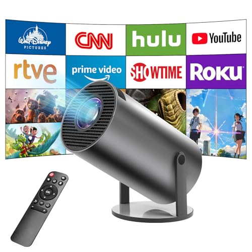 Projetor portátil, 4 K Mini projetor ecrã projetor com Android 11,2,4/5 G, WiFi Bluetooth 5.0, rotação de 180 graus, projetor automático, compatível com telefone/PC (cinzento preto)