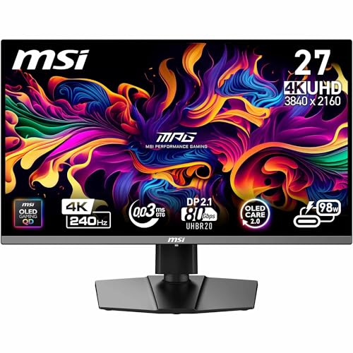 MSI MPG 272URX QD-OLED 26,5" 4K UHD Monitor Gaming, painel OLED 3840 x 2160, Quantum Dot, EL Gen3, 240 Hz / 0,03 ms, 99% DCI-P3, SJFS E≤2, DisplayHDR True Bltra Bll ack 400, KVM, DP 2.1A, HDMI 2.1