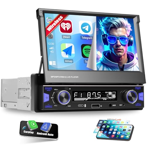 CAMECHO Rádio de carro 1 din com ecrã tátil HD sem fios Carplay, 7 polegadas ecrã retrátil manual de rádio Bluetooth com Android Auto FM/AM/RDS mãos livres Mirror Link controlo do volante
