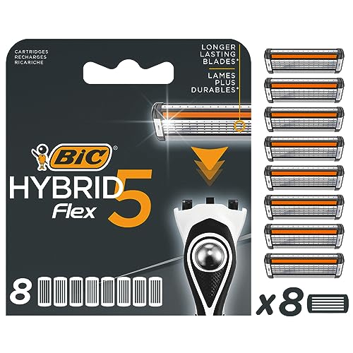 BIC Hybrid 5 Flex lâminas de barbear para homem, embalagem de 8 lâminas de substituição com 5 folhas móveis
