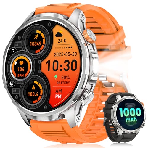 Relógio inteligente homem militar com chamadas/1000 mAh Smartwatch homem com 1,91" AMOLED/5ATM impermeável/LED lanterna/110+ modos desportivos/SpO2/pulsómetro/sonho/pulseira atividade Android iOS