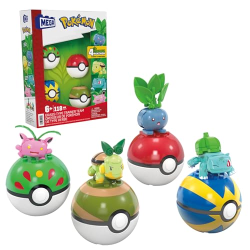 MEGA Pokémon Pack de 4 personagens do tipo planta com os seus pokeballs, inclui Bulbasaur, Turtwig, Hoppip e Oddish, 118 blocos de construção, brinquedo + 6 anos (HWR77)