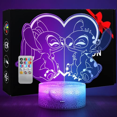 Hoofun Candeeiro Stitch, 16 cores luz noturna Stitch, candeeiro de anime 3D LED ilusão com controlo remoto e Smart Touch, ideia presente di Natale Stitch Decoraione Per la Camera dei Bambini