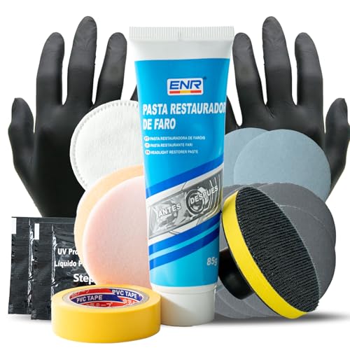Enerfero Polir faróis carro líquido protetor, kit polido reparação com adaptador de broca, pasta de limpeza potente adequado para todos os faróis amarelos escuros desgastados.
