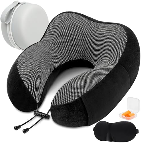 iophi Almofada de viagem para pescoço, almofada cervical viagem para escritório avião comboio, almofada pescoço viscoelástico de espuma memória, com máscara de olhos, tampões e caixa de armazenamento