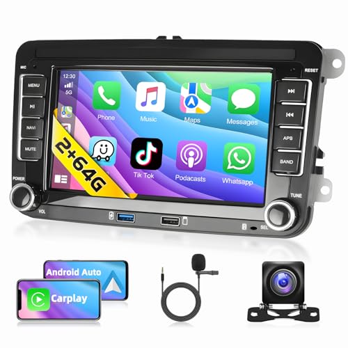 [2G+64G] Autorrádio Apple CarPlay para VW/Seat/Skoda/Passat/Golf/Polo, com CarPlay sem fios e Android Auto, ecrã táctil HD de 7", Bluetooth 2 DIN Rádio, GPS/SWC/FM/RDS/USB+câmara de reversa Air