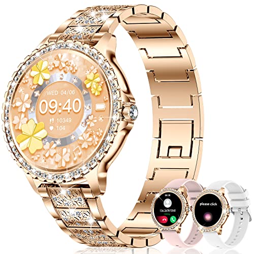 Relógio inteligente mulher com chamada diamante, 1,32" Smartwatch mulher com multidesporto, rastreamento mensstrual monitor de sono SpO2 19 modos desportos reprodutor de música para Android iOS