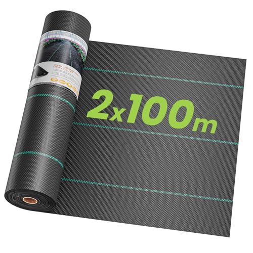 OUNUO 2 x 100 m, malha anti-ervas, malha contra ervas daninhas, 90 g/m², geotêxtil, proteção contra ervas daninhas, jardim, anti-UV, preto