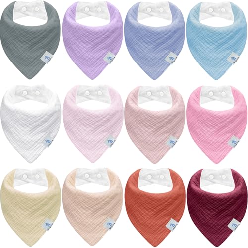 Ghguole Bavoirs Bébé, 12 peças, bebé Mousseline Foulard bandana, écharpe triangularBébé, BébéMousseline Foulard bandana, Coton Doux Nouveau Né Bavoirs reguláveis Pour Garçons e Filles Bave Dentition