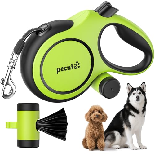Pecute Trela de cão extensível de 8 m, trela longa para cão para 10 - 50 kg, 360 ° anti-embaraços, com sacos higiénicos e porta-malas | passeio de cães, treino, dias de chuva, verde