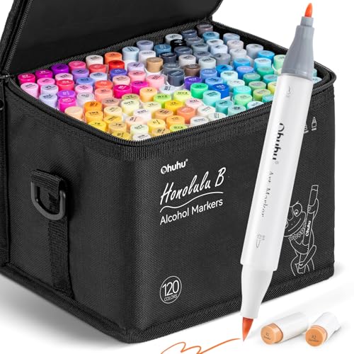 Ohuhu Marcadores de ponta dupla de 120 cores (Brush & Fine Tip) Sketch Markers for Kids, Artist Art Markers for Adult Coloring and Illustration, bónus de 1 liquidificador