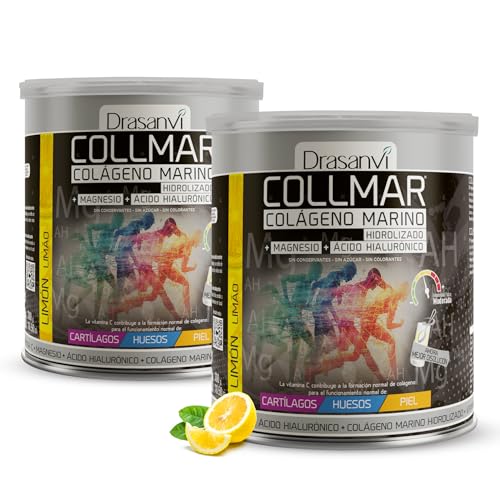 Drasanvi COLLMAR Colagénio marinho hidrolizado com magnésio, ácido hialurónico e vitamina C | para cartilagens, ossos e pele, Máx. Assimilação 9,717 mg/dia | 2 x 300 g de pó | sabor de limão