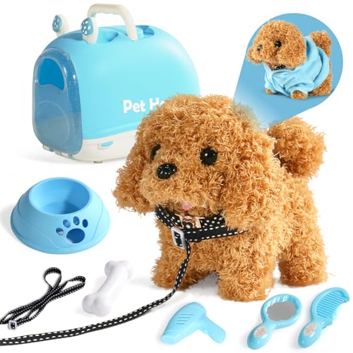 Nuheby Cachorrinho brinquedo ladra e anda, brinquedos cães com gaiola, corda e capa, cão robot cão brinquedo interativo cão brinquedo que anda e ladra, animais de brinquedos crianças 2 3 4 5 anos
