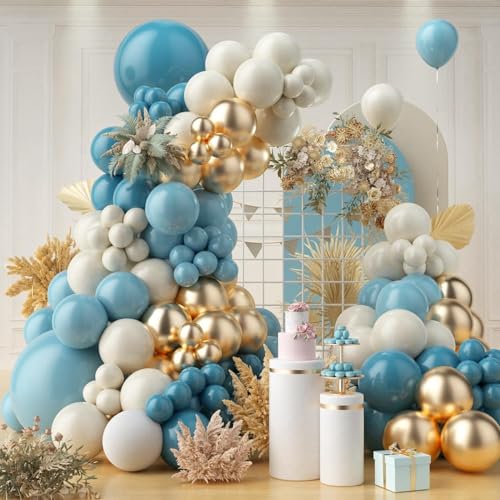 Kit arco balão azul, 125 unidades grinalda balões azul bebé bege, arco de balões branco areia ouro metalizado para Baby Shower aniversário batismo noivado decorações de festa