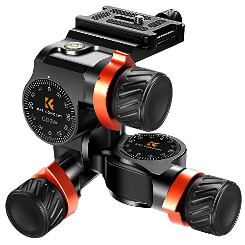 K&F Concept GD-3W Geared Tripod Head, cabeça de 3 vias para tripés, cabeça de CNC Process alumínio para câmaras de vídeo, equipamento de fotografia e câmara, criação de conteúdos, carga de 6 kg