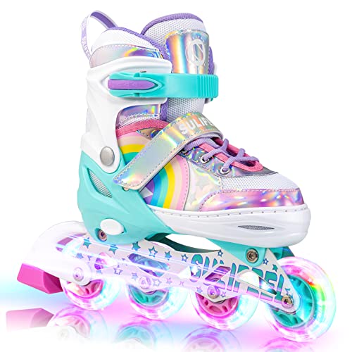 SULIFEEL Rainbow Unicorn Patins em linha para meninas meninos 4 tamanho ajustável rodas iluminadas patins para meninos iniciantes
