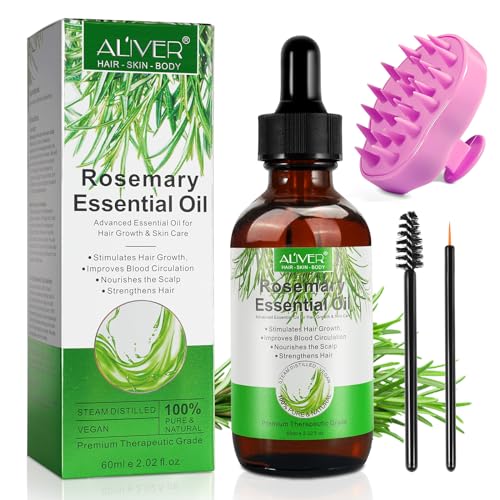 Óleo de alecrim para o crescimento do cabelo 60 ml com massajador de couro cabeludo, óleo essencial de alecrim 100 % puro para pestanas, sobrancelhas, rosto, cuidados com a pele, massagem corporal