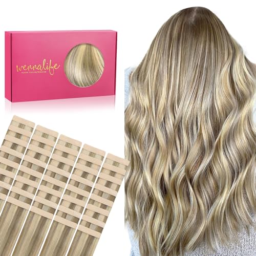 WENNALIFE Extensões adesivas cabelo natural, 55 cm 100 g 40 peças loiro dourado realçado castanho cinza, extensões de cabelo humano Remy Lazio