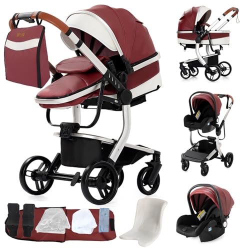 MoLi Carrinho de bebé de couro PU 3 em 1, carrinho de bebé 3 peças dobrável conveniente com um único clique, carrinho de bebé com modo de duplo impulso reversível, carrinho de bebé paisagem alta (B518
