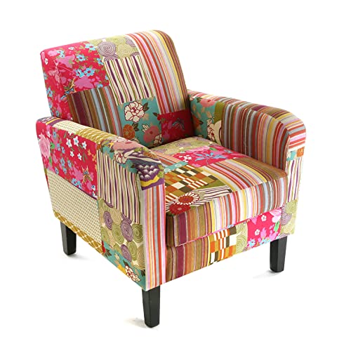 Versa Pink Patchwork poltrona para sala de estar, quarto ou sala de jantar. Poltrona para leitura de design vintage, com apoio de braços, medidas (L x L x An) 71 x 77 x 65 cm, algodão e madeira, cor