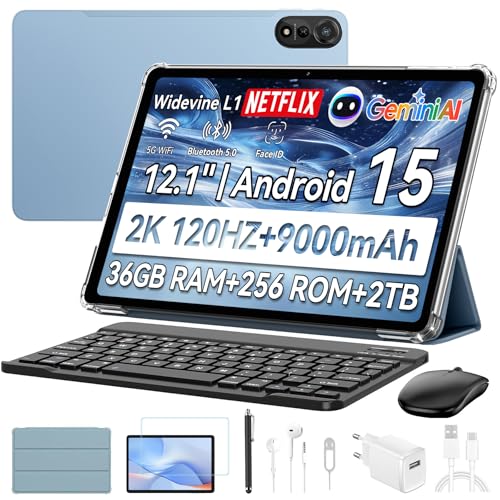 Blackview Mega 2 Tab de 12 polegadas Tablet Android 15 Dual 4G LTE e 5G WiFi, 36 GB RAM+256 GB ROM/2TB TF, câmaras IA, 9000 mAh, Widevine L1/GPS/WPS/PC Tablet com teclado, rato, Capa Pro. Peitora