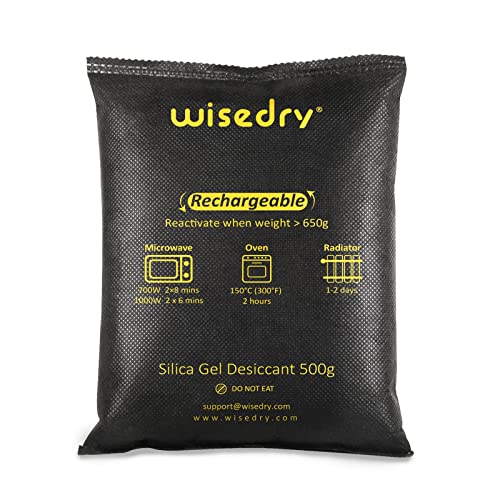 wisedry Pacotes de gel de sílica para desumidificador, reutilizável, 1 kg [2 unidades de 500 gramas] sacos dessecantes reativados rapidamente para micro-ondas, elimina o para-brisas húmido e