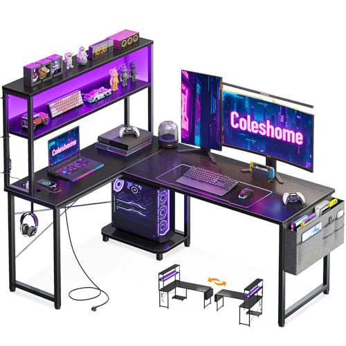 Coleshome Secretária Gaming em L com LED e tomadas, 135 × 100 cm, secretária Gamer reversível, com prateleiras, secretária de canto com bolsa de armazenamento e gancho para jogadores, preto