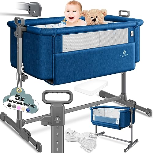 KESSER® Cama extra Hubi 3 em 1, colecho para bebé com colchão branco, berço - com rodas, ajuste de altura em 5 posições, painel lateral dobrável, para casa e de viagem, azul
