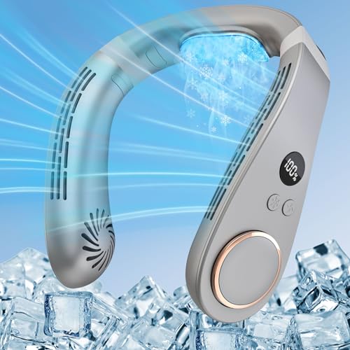 Kouric Ventoinha de pescoço com ar condicionado, ar condicionado do pescoço 3 níveis de refrigeração, portátil Neck Fan 5 velocidades, mini ventilador portátil para escritório/campismo/exterior