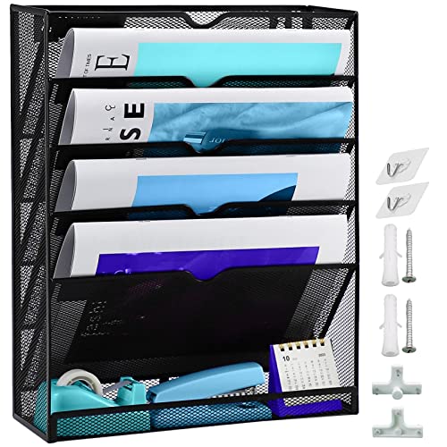 6 níveis a4 organizador de arquivos de parede para pendurar em malha metálica, suporte para revistas parede com prato, organizador de correio para escritório casa escola