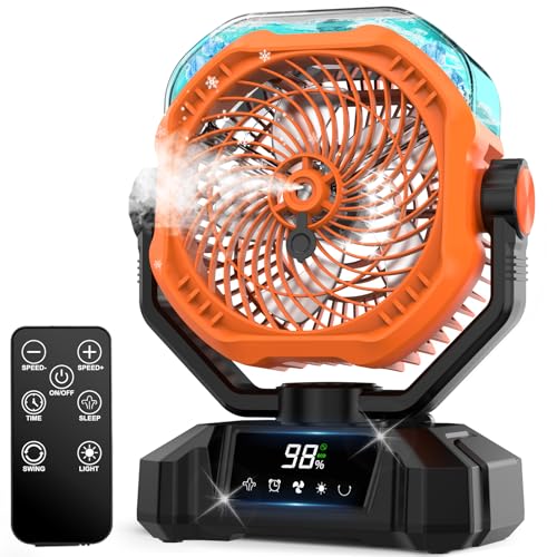 Camping ventilador com nebuloso, 20000 mAh recarregável vibração automática ventiladores para tenda de campismo ao ar livre com remoto, ventilador de mesa USB de 5 velocidades para pesca, piquenique