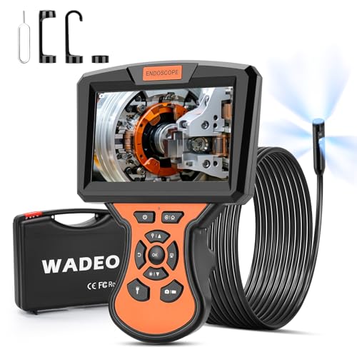 WADEO endoscópio câmara com luz 10 m, ecrã IPS de 5 polegadas três lentes endoscópio, IT67 câmara de tubo impermeável, 8 mm serpente câmara, câmara de inspeção de 1920P HD, 32 GB (cabo removível)