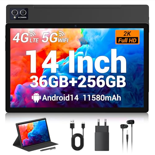 TIGERFU Tablet de 14 polegadas, Android 14 Tablet com ranhura SIM, 36 GB RAM+256 GB ROM (1TB TF), 4G LTE+5G WiFi, Octa Core 2,0 GHz, 8 MP + 13 MP, 11580 mAh, BT 5.0, FHD, GPS, mesa Capa com lápis e