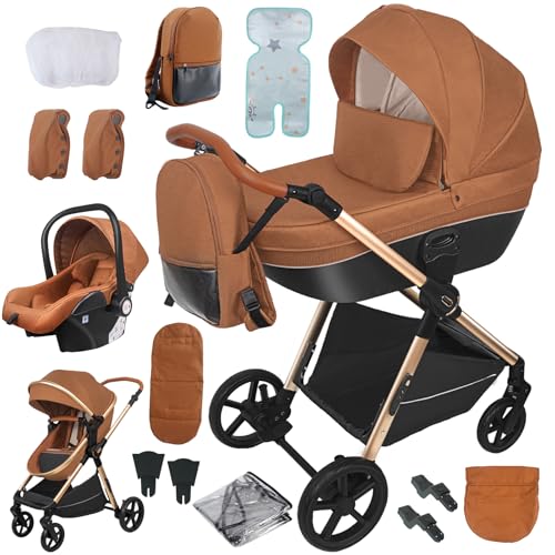 Reenborn Carrinho de bebé 4 em 1, carrinho de bebé com dois modos de pressão reversíveis, carrinho de bebé com 4 peças com moldura de alumínio, carrinho de bebé com design dobrável com um só clique