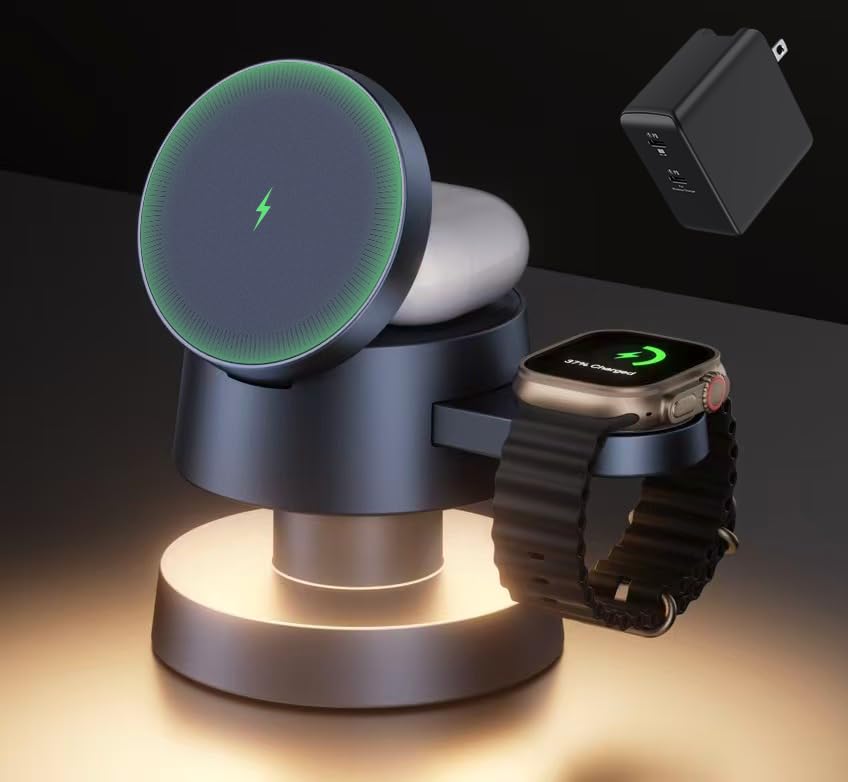 iVANKY Carregador sem fios 4 em 1 cubo com lâmpada de noite e adaptador de 100 W, para mag-Safe suporte de carregamento sem fios, estação de carregamento rápido para iPhone, Apple iWatch, AirPods