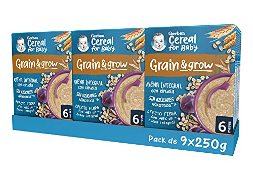 GERBER Aveia integral com ameixa, papa de cereais para bebés, embalagens 9 x 250 g, a partir dos 6 meses