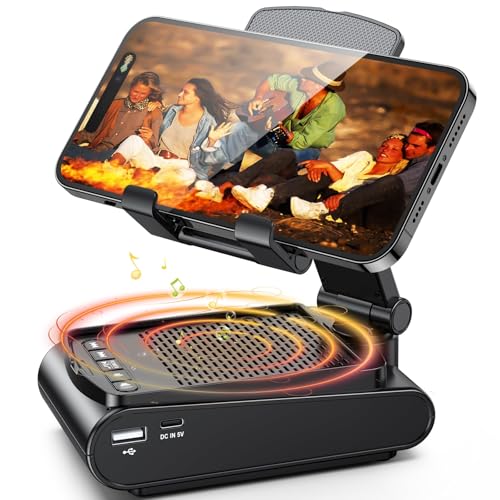Rolgno Altifalante Bluetooth sem fios com suporte móvel, antiderrapante e som surround HD, altifalante Bluetooth portátil e suporte de telemóvel ajustável para iPhone/Samsung/iPad, presente de Natal
